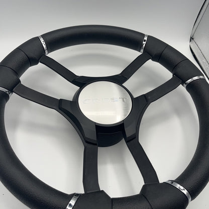 Malera Boat Steering Wheel Black Aluminum Spokes | Black Crest Boats Logo