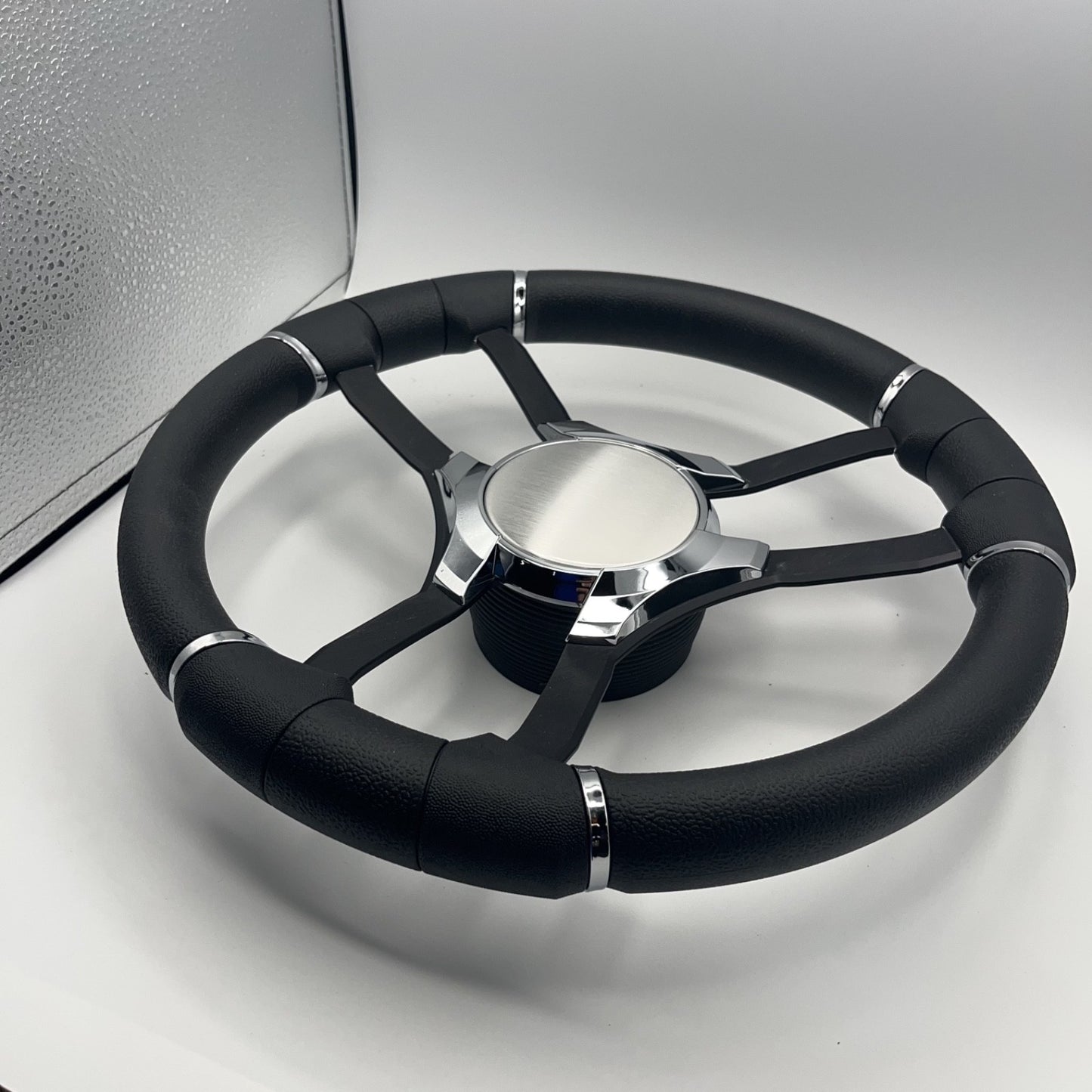 Malera Boat Steering Wheel Black Aluminum Spokes | Chrome Plain
