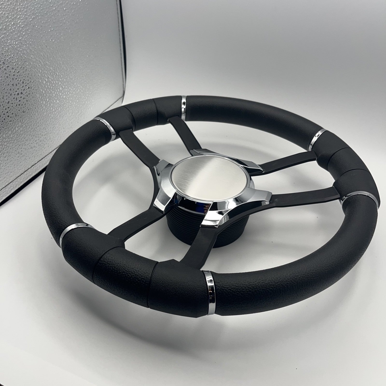 Malera Boat Steering Wheel Black Aluminum Spokes | Chrome Plain