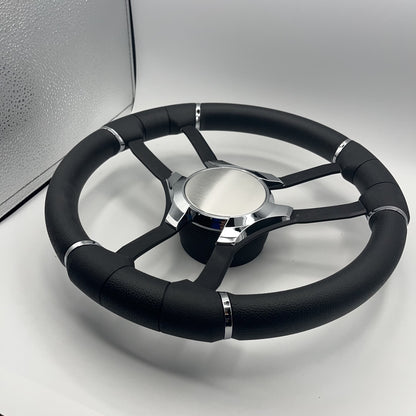 Malera Boat Steering Wheel Black Aluminum Spokes | Chrome Plain