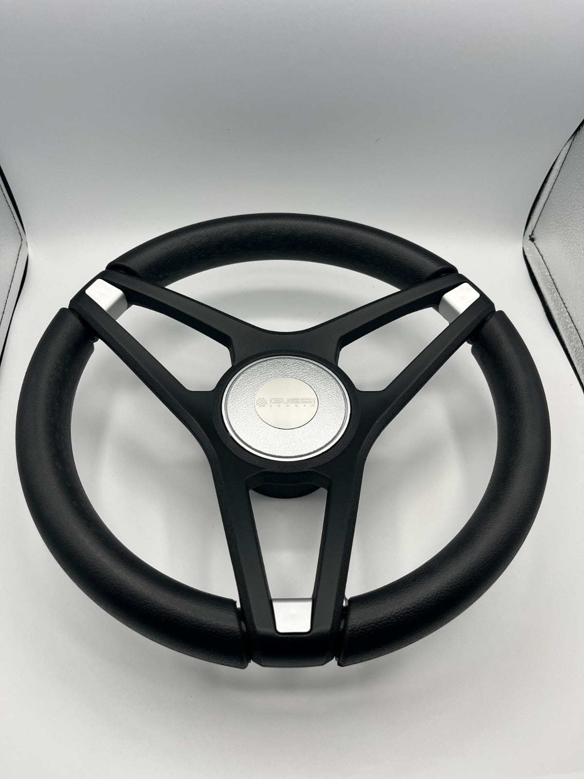 Molino Black w/Silver Accents Boat Steering Wheel | Gussi Italia Center Cap
