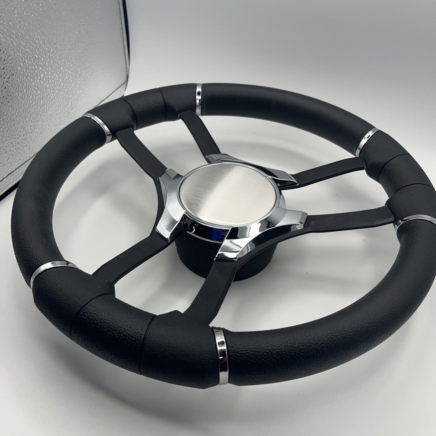 Malera Boat Steering Wheel Black Aluminum Spokes | Chrome Plain