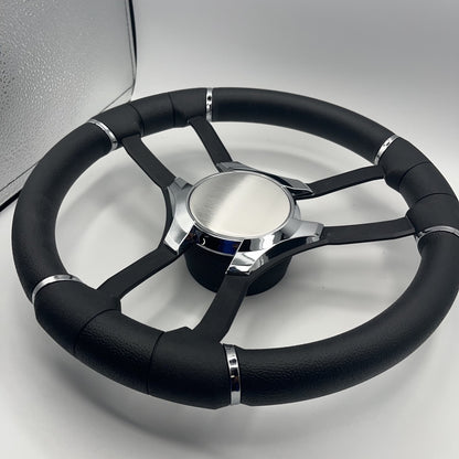 Malera Boat Steering Wheel Black Aluminum Spokes | Chrome Plain