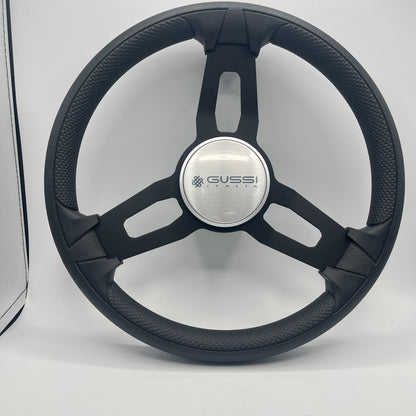 Gussi Italia Model 15 Steering Wheel Blk Brushed Alum Spokes | Silver Gussi Logo