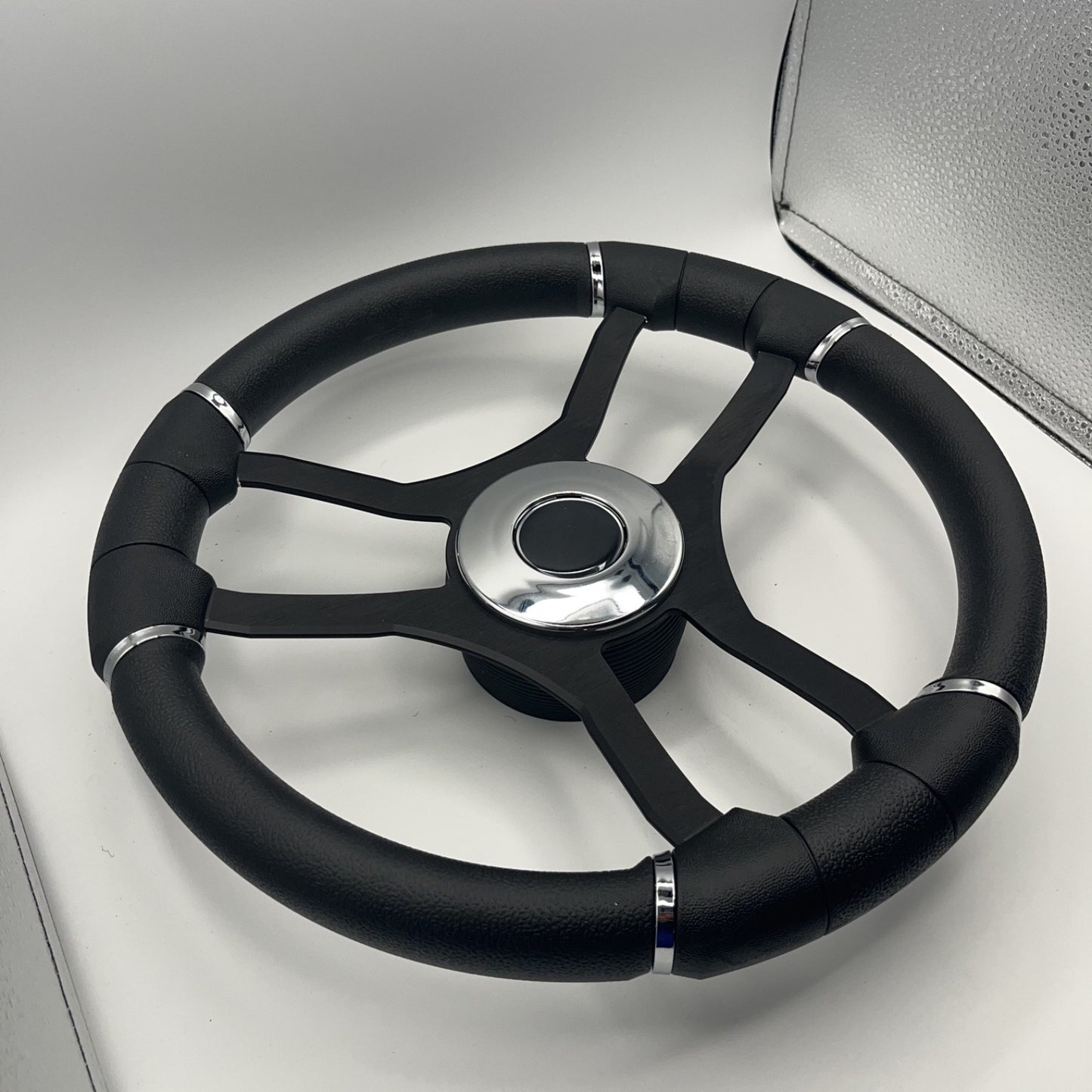 Malera Boat Steering Wheel Black Aluminum Spokes | Chrome-style Dome