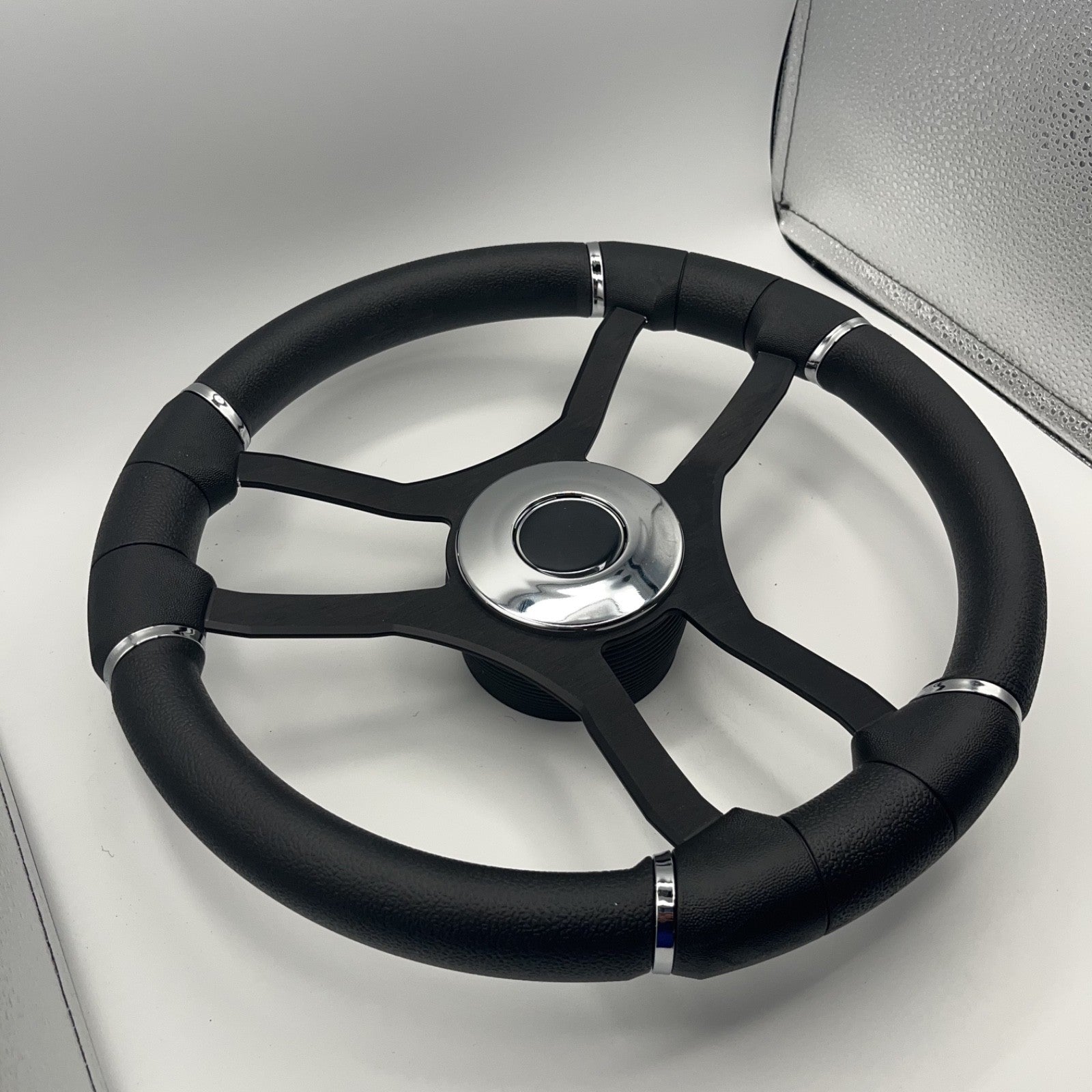 Malera Boat Steering Wheel Black Aluminum Spokes | Chrome-style Dome