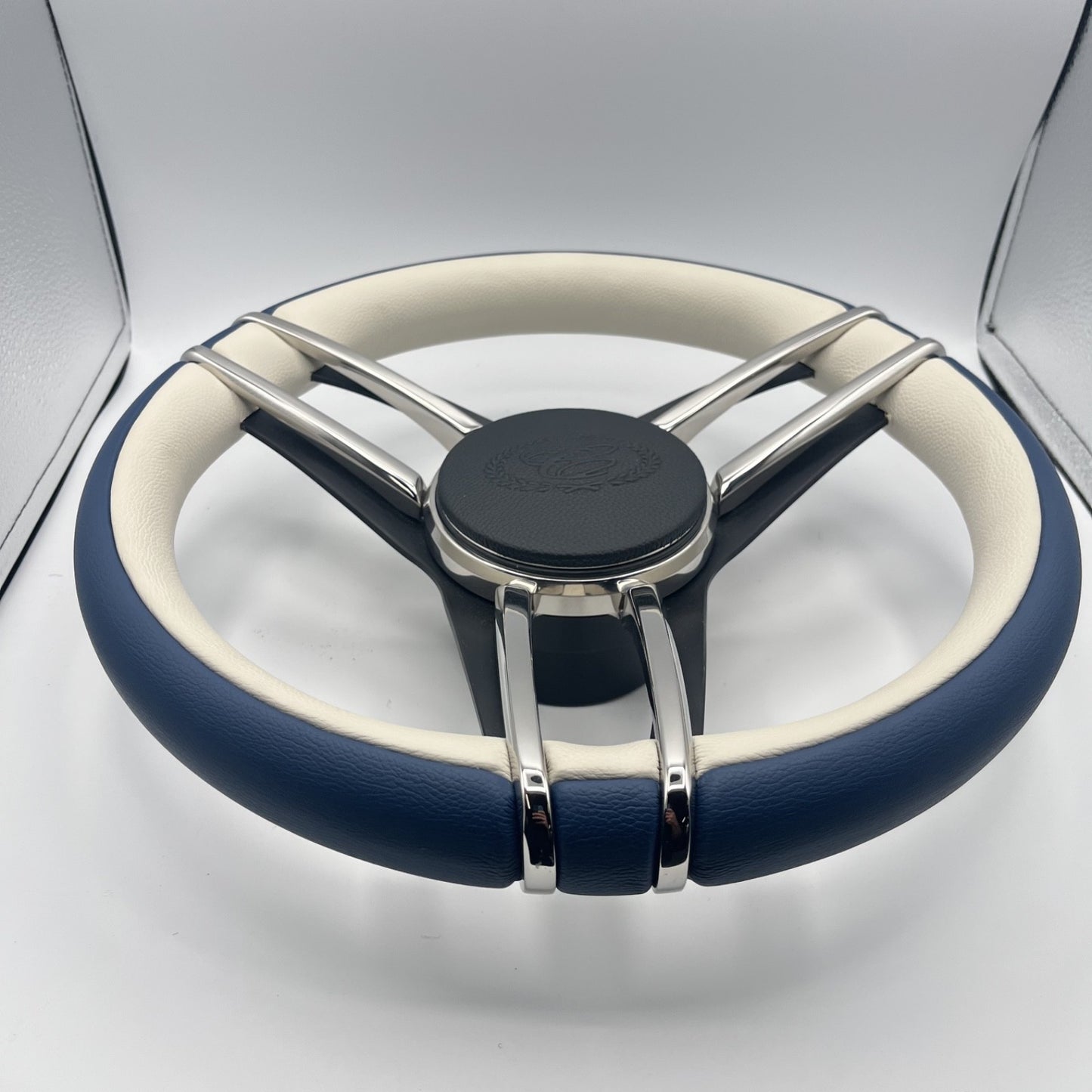 Cobalt Boat Steering Wheel Stainless Steel Spoke Blue Leather Rim | Cobalt Logo