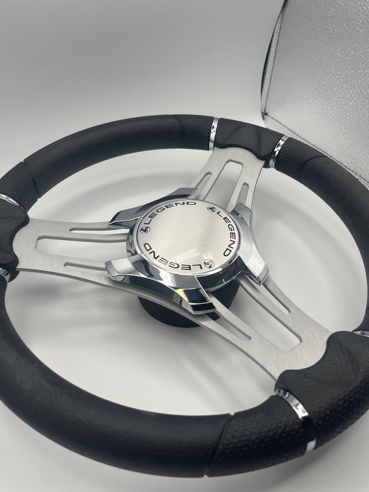 Verona Boat Steering Wheel Gray Brushed Aluminum Spokes | Legend Boats Logo