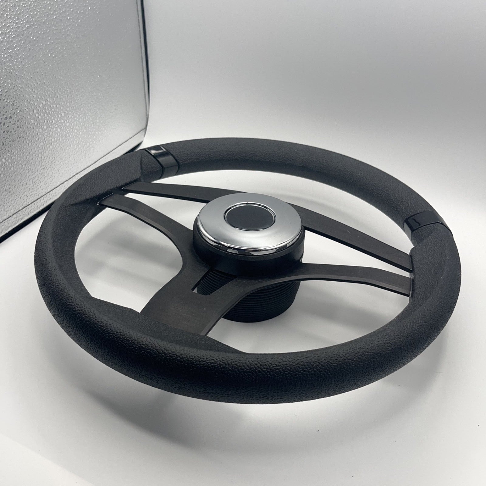 Badia Boat Steering Wheel Brushed Black Aluminum Spokes | Chrome-style Dome