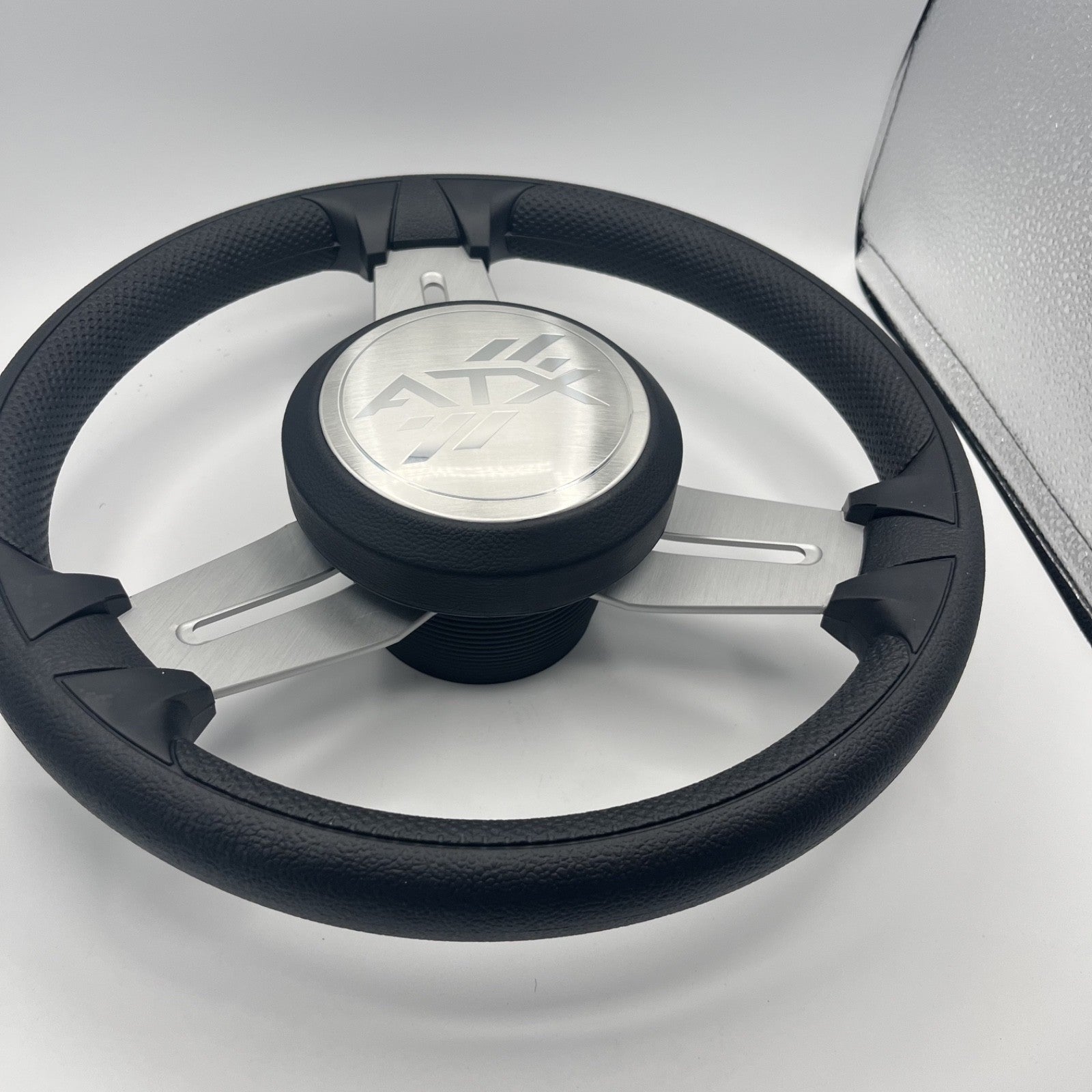 Model 15 Marine Steering Wheel Brush Alum Spokes | ATX Boats Logo