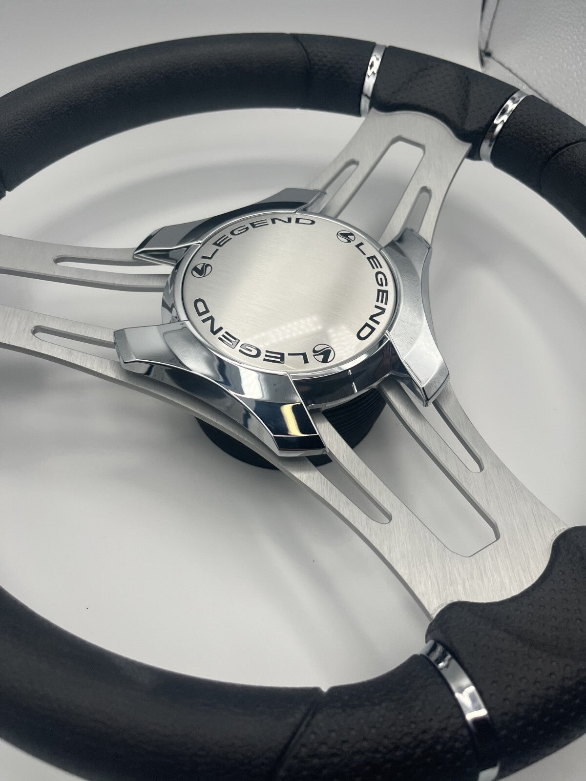 Verona Boat Steering Wheel Gray Brushed Aluminum Spokes | Legend Boats Logo