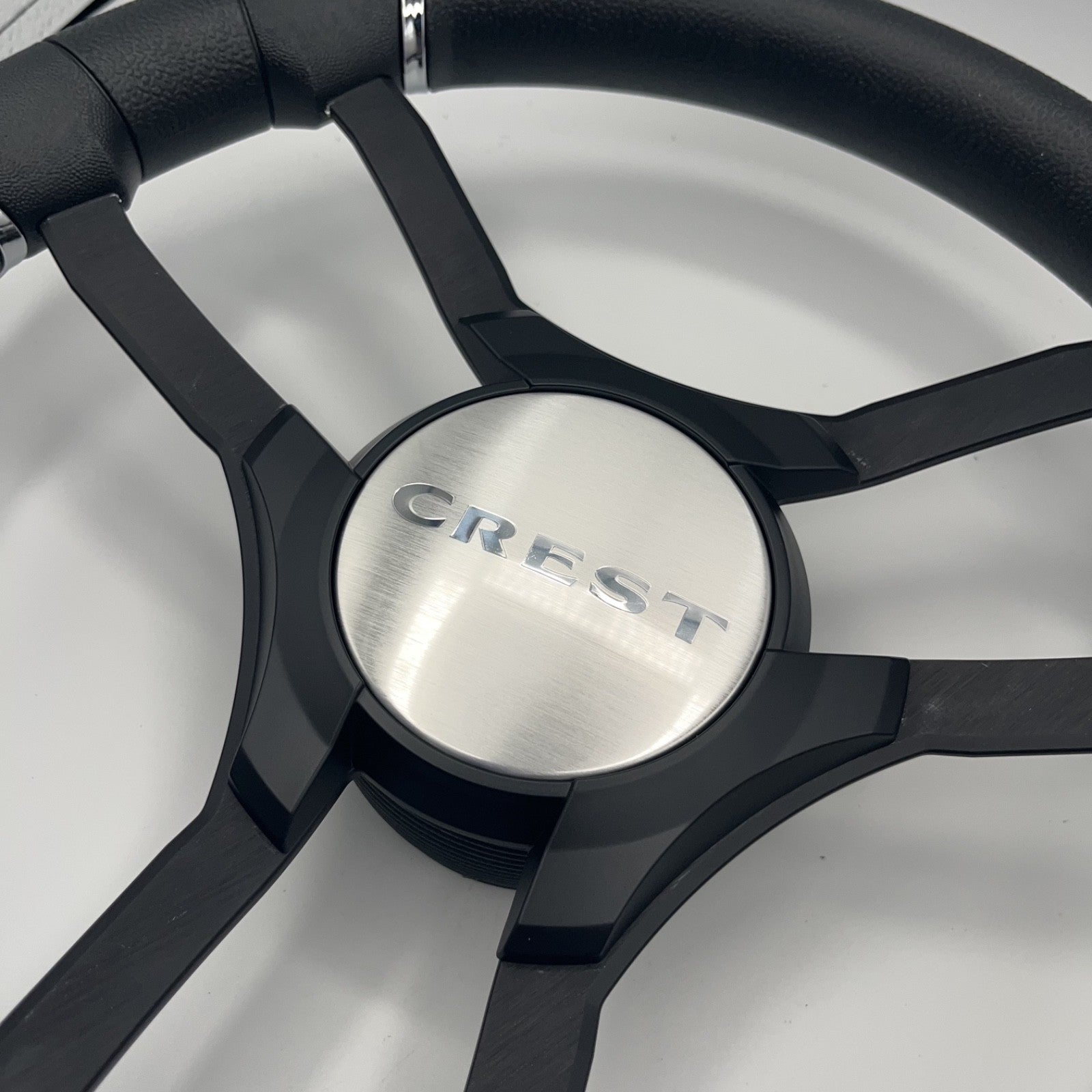 Malera Boat Steering Wheel Black Aluminum Spokes | Black Crest Boats Logo