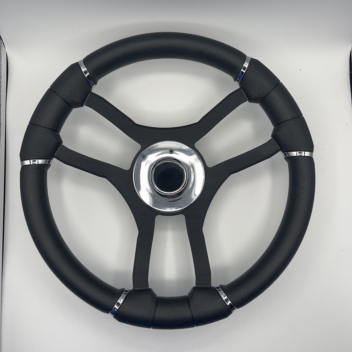 Malera Boat Steering Wheel Black Aluminum Spokes | Chrome-style Dome