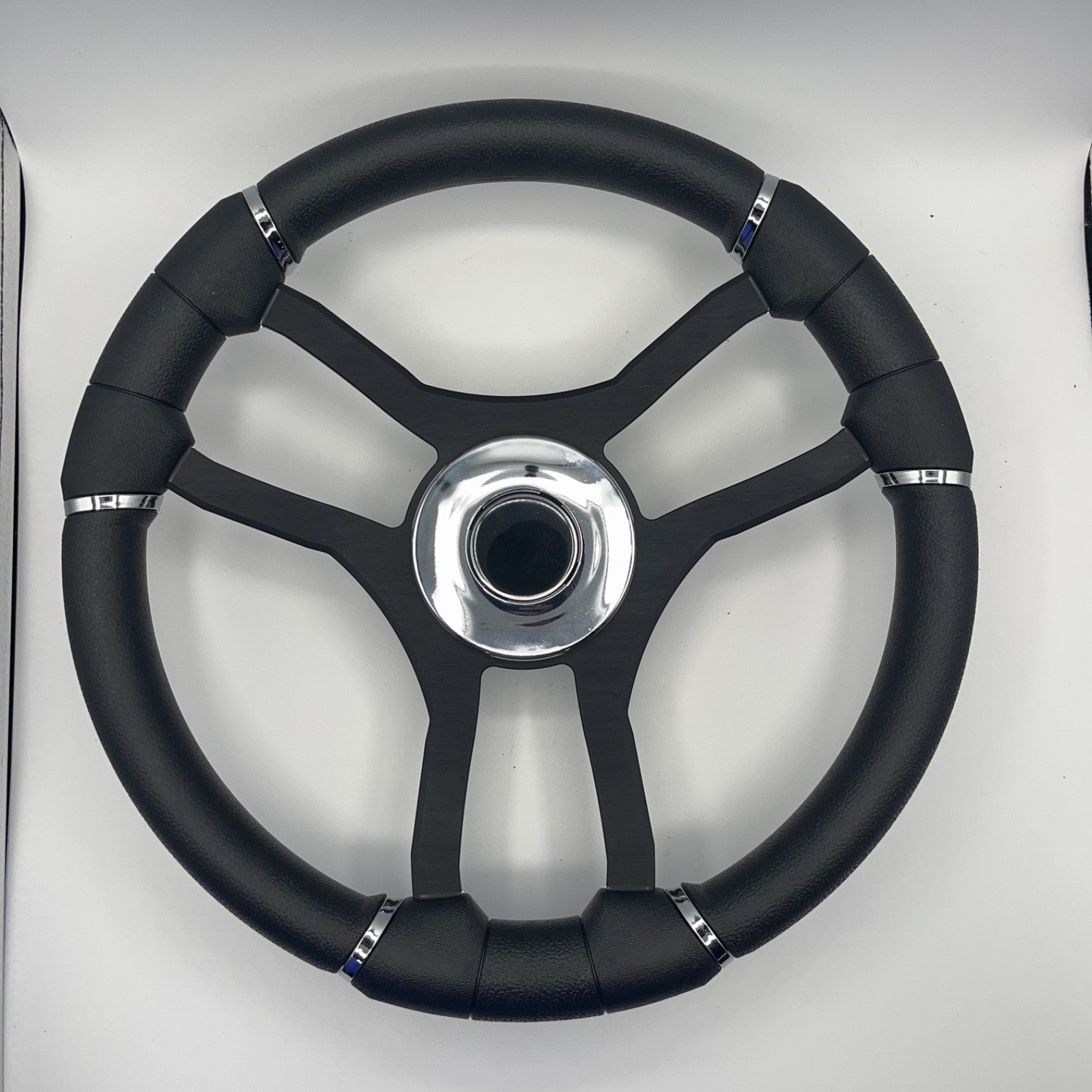 Malera Boat Steering Wheel Black Aluminum Spokes | Chrome-style Dome