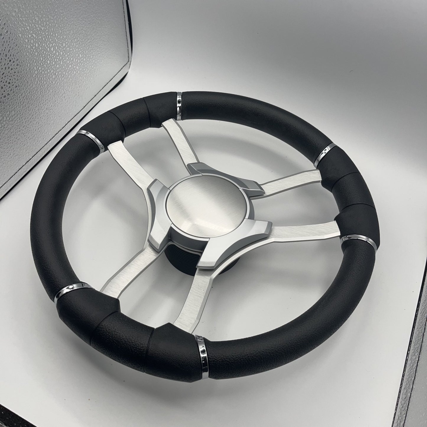 Malera Boat Steering Wheel Brushed Alum Spoke | Silver Plain Center Cap