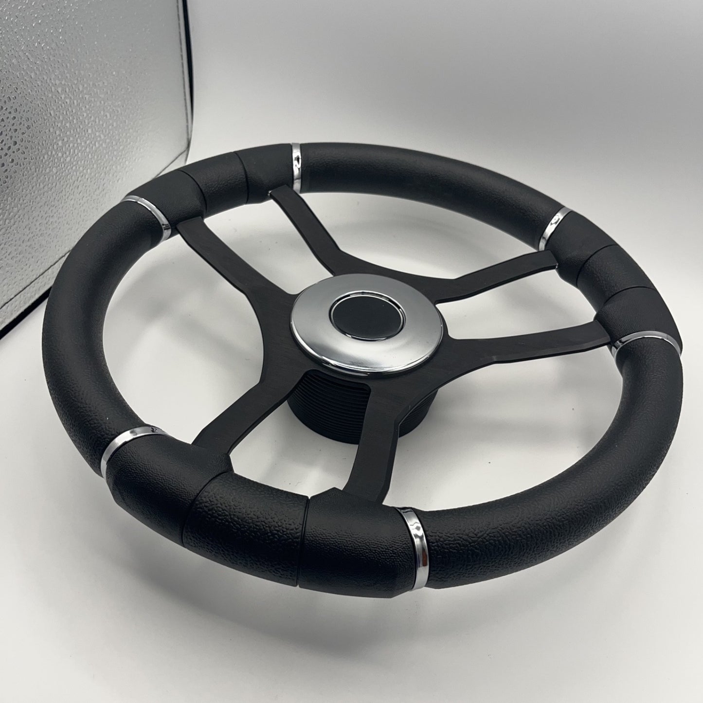 Malera Boat Steering Wheel Black Aluminum Spokes | Chrome-style Dome
