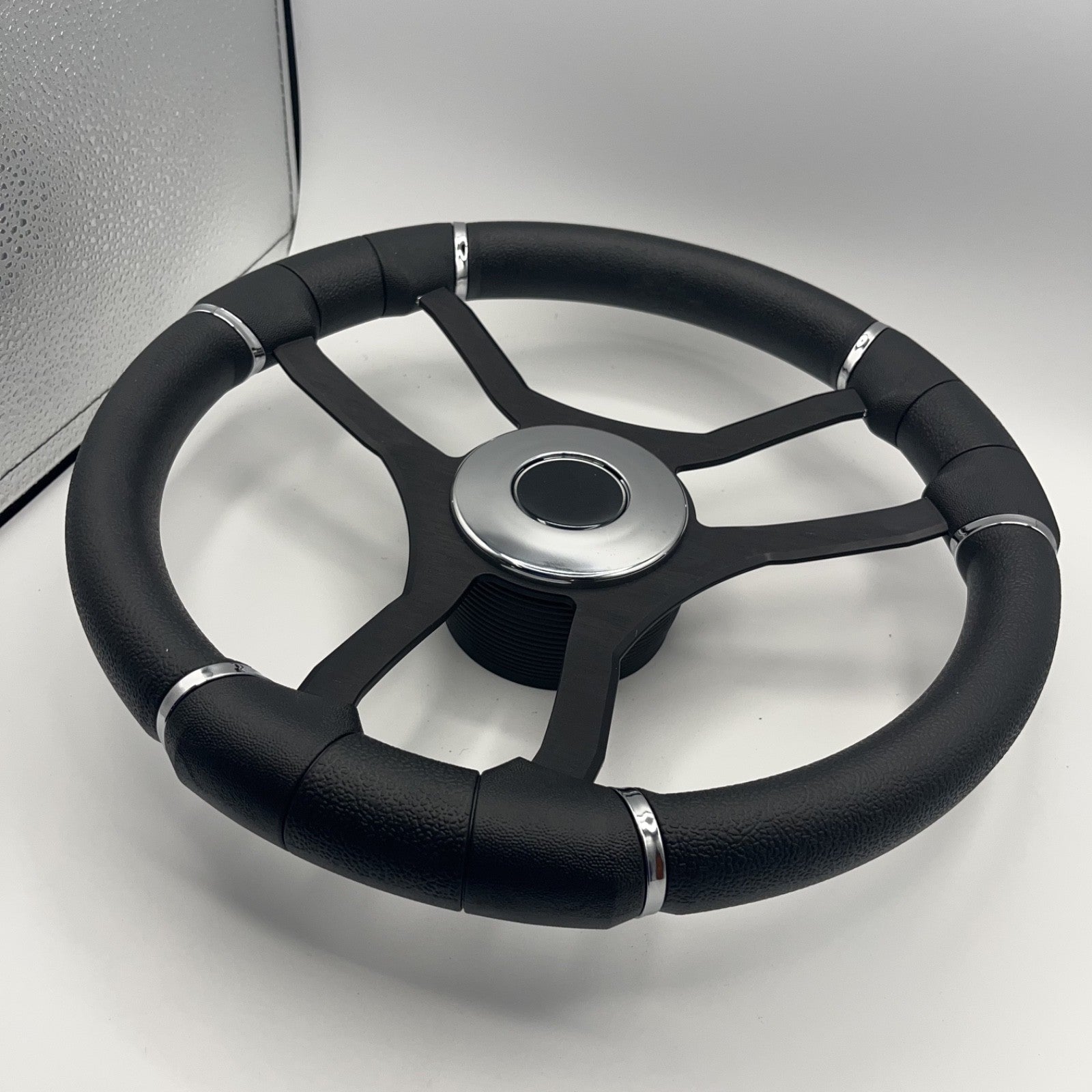 Malera Boat Steering Wheel Black Aluminum Spokes | Chrome-style Dome