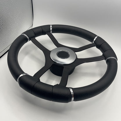 Malera Boat Steering Wheel Black Aluminum Spokes | Chrome-style Dome