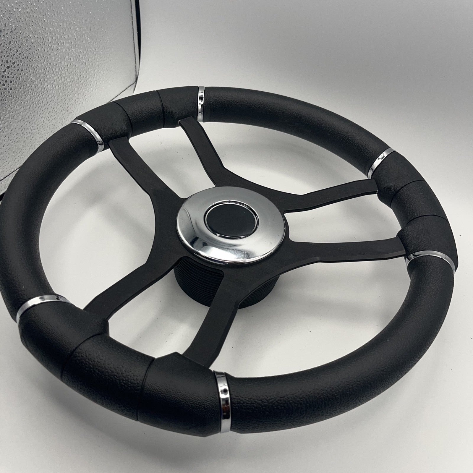 Malera Boat Steering Wheel Black Aluminum Spokes | Chrome-style Dome