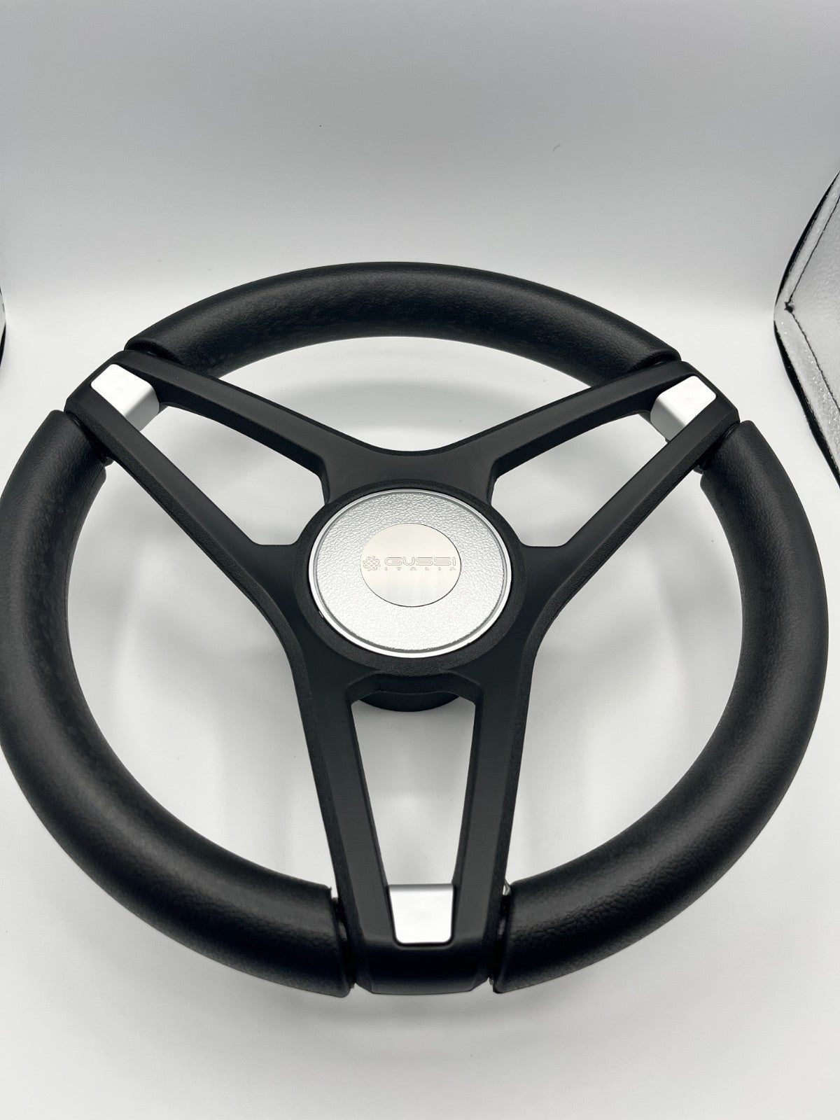 Molino Black w/Silver Accents Boat Steering Wheel | Gussi Italia Center Cap
