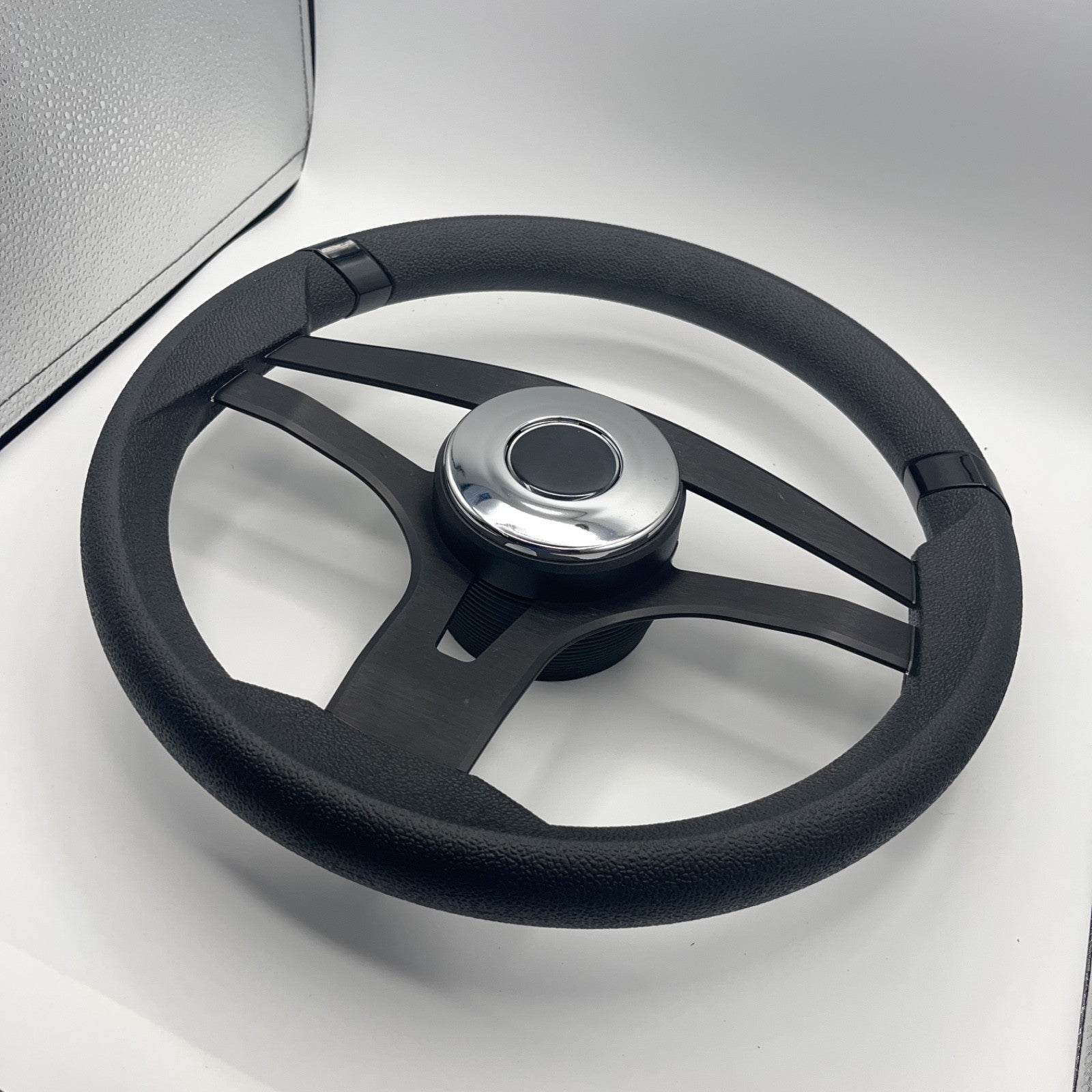 Badia Boat Steering Wheel Brushed Black Aluminum Spokes | Chrome-style Dome