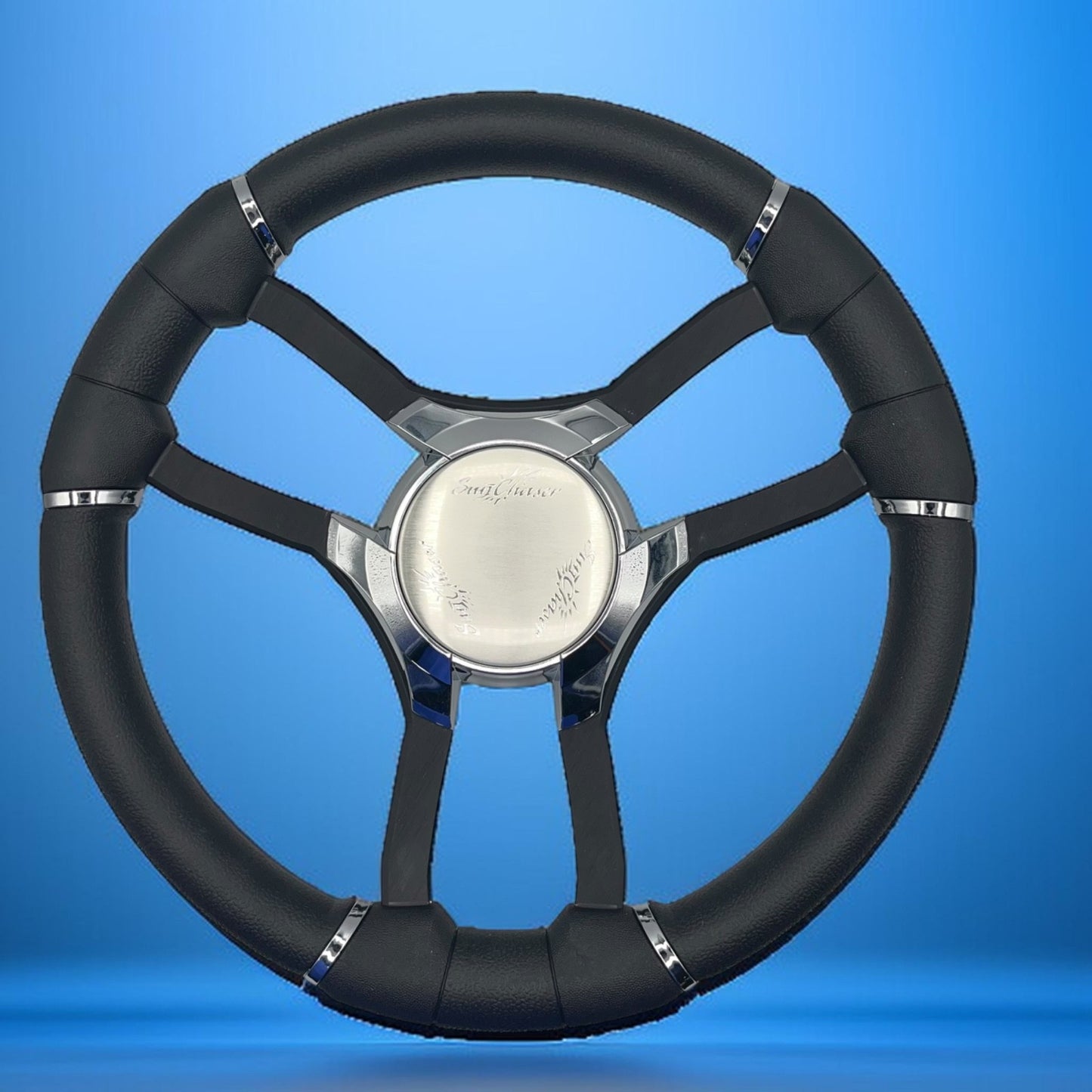 Malera Boat Steering Wheel Black Aluminum Spokes | Chrome-Style Sunchaser Logo