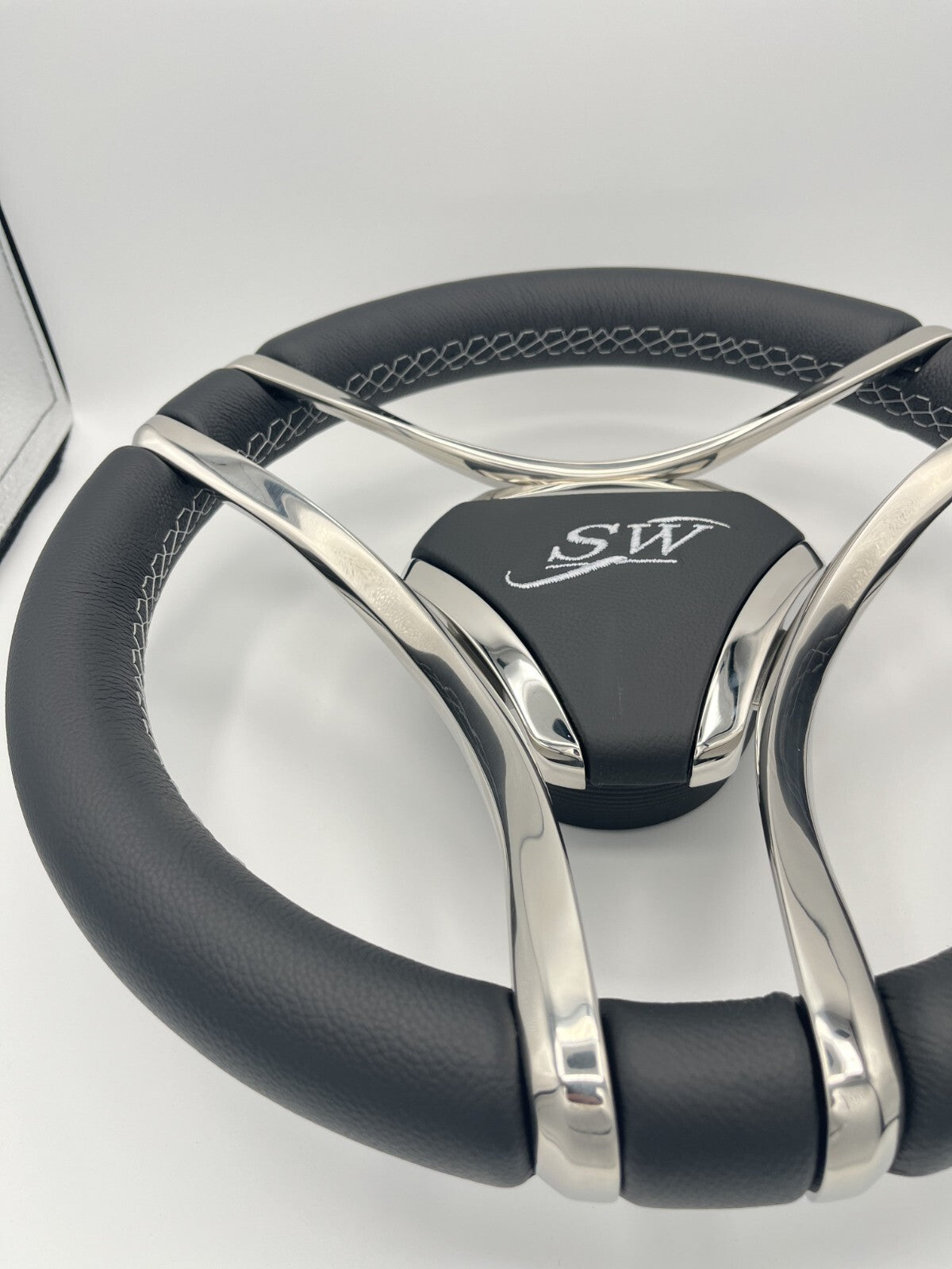 Lora Boat Steering Wheel Stainless Steel Spokes | Silver Wave Boat Logo