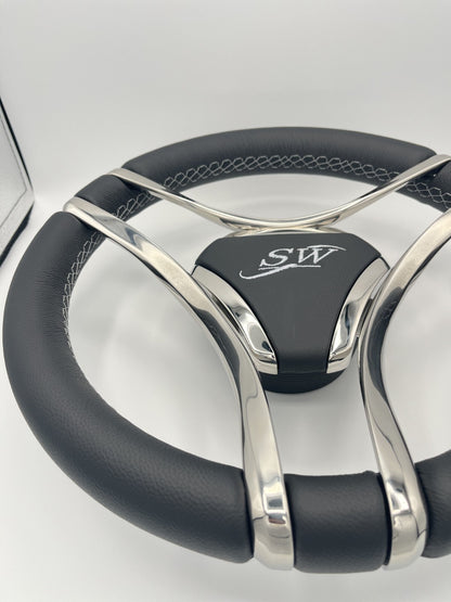 Lora Boat Steering Wheel Stainless Steel Spokes | Silver Wave Boat Logo