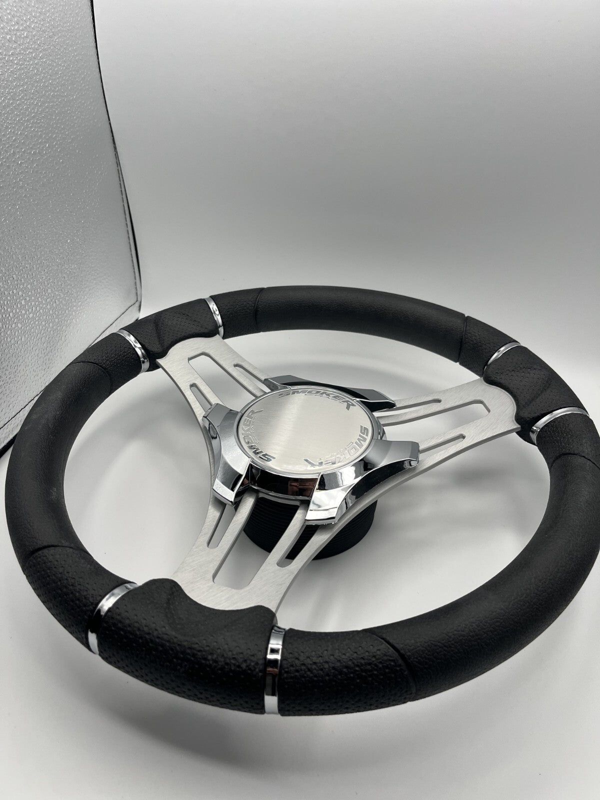 Verona Boat Steering Wheel Gray Brushed Aluminum Spokes | Smoker Logo