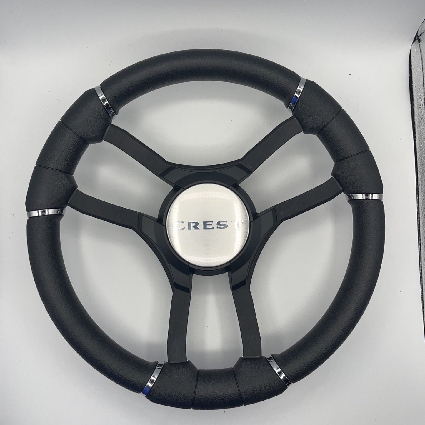 Malera Boat Steering Wheel Black Aluminum Spokes | Black Crest Boats Logo