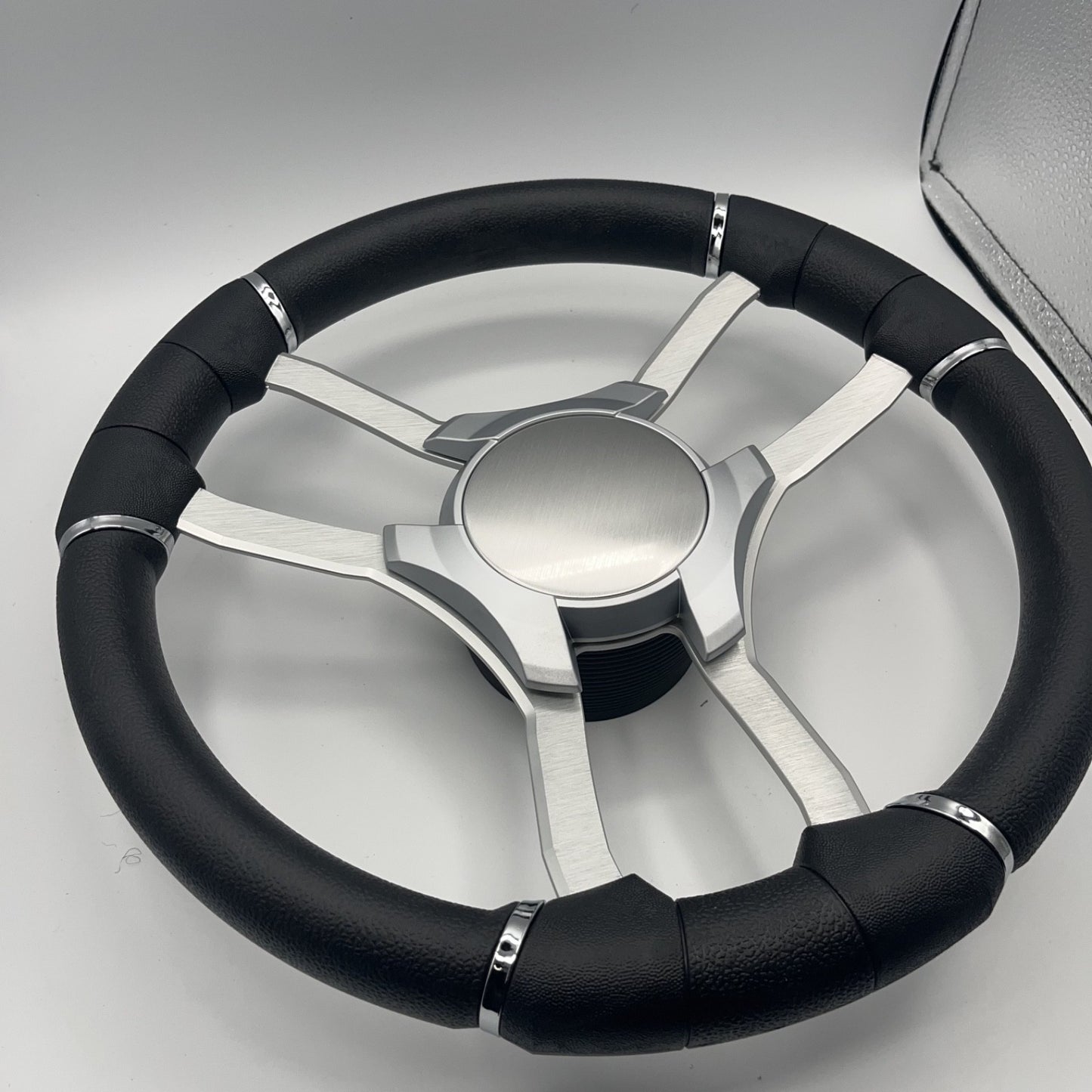Malera Boat Steering Wheel Brushed Alum Spoke | Silver Plain Center Cap