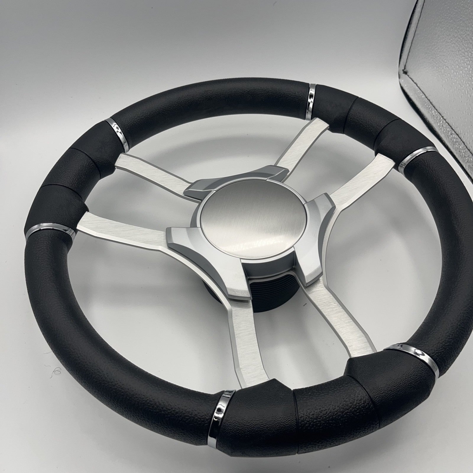 Malera Boat Steering Wheel Brushed Alum Spoke | Silver Plain Center Cap