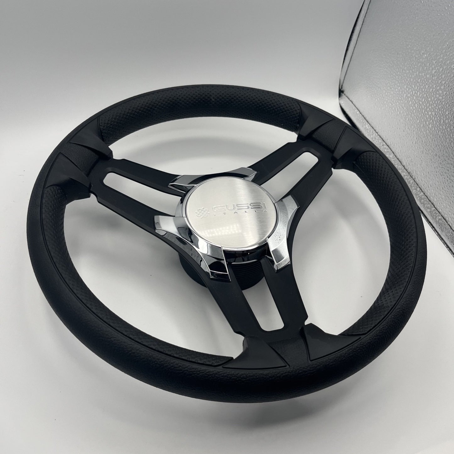 Gussi Italia Marine Steering Wheel Black Brush Metal Spokes | Gussi Logo