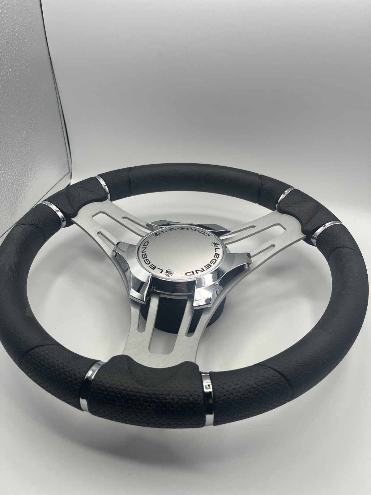 Verona Boat Steering Wheel Gray Brushed Aluminum Spokes | Legend Boats Logo