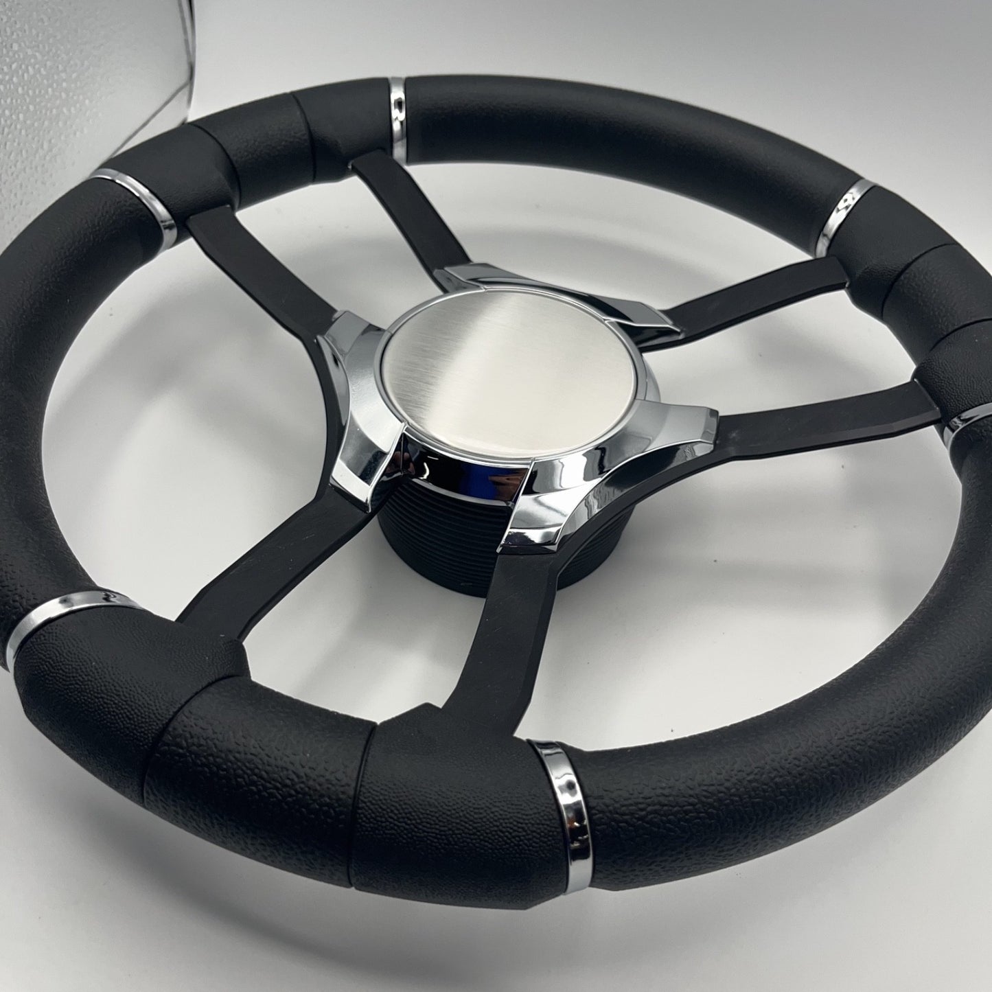 Malera Boat Steering Wheel Black Aluminum Spokes | Chrome Plain