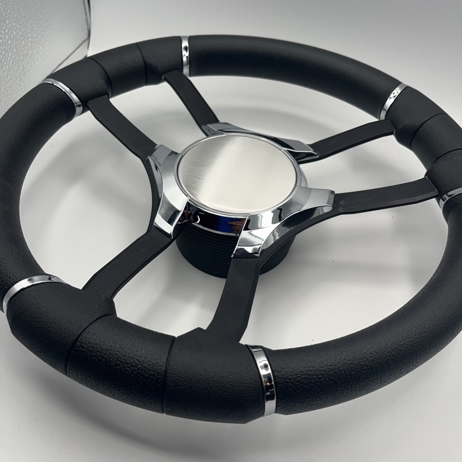 Malera Boat Steering Wheel Black Aluminum Spokes | Chrome Plain