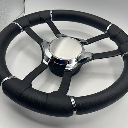 Malera Boat Steering Wheel Black Aluminum Spokes | Chrome Plain
