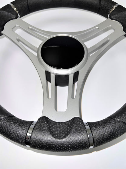 New Gussi Italia Boat Steering Wheel Gray Brushed Aluminum Spokes | Black Dome