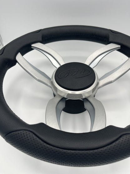Garda Boat Steering Wheel Brushed Dual Spoke Alum | Manitou Pontoon Boat Logo