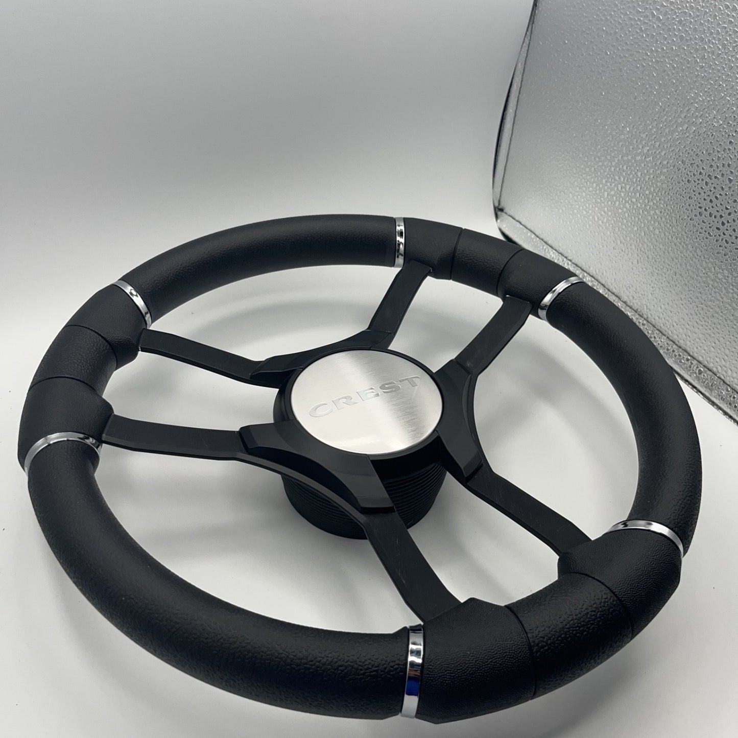 Malera Boat Steering Wheel Black Aluminum Spokes | Black Crest Boats Logo
