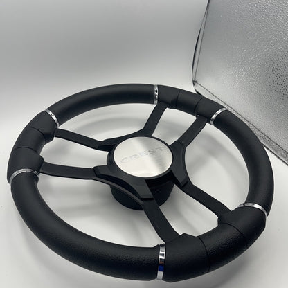 Malera Boat Steering Wheel Black Aluminum Spokes | Black Crest Boats Logo