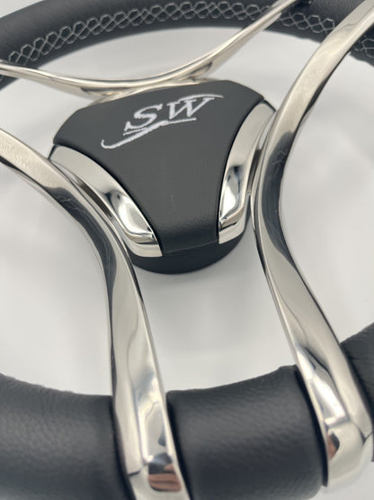 Lora Boat Steering Wheel Stainless Steel Spokes | Silver Wave Boat Logo
