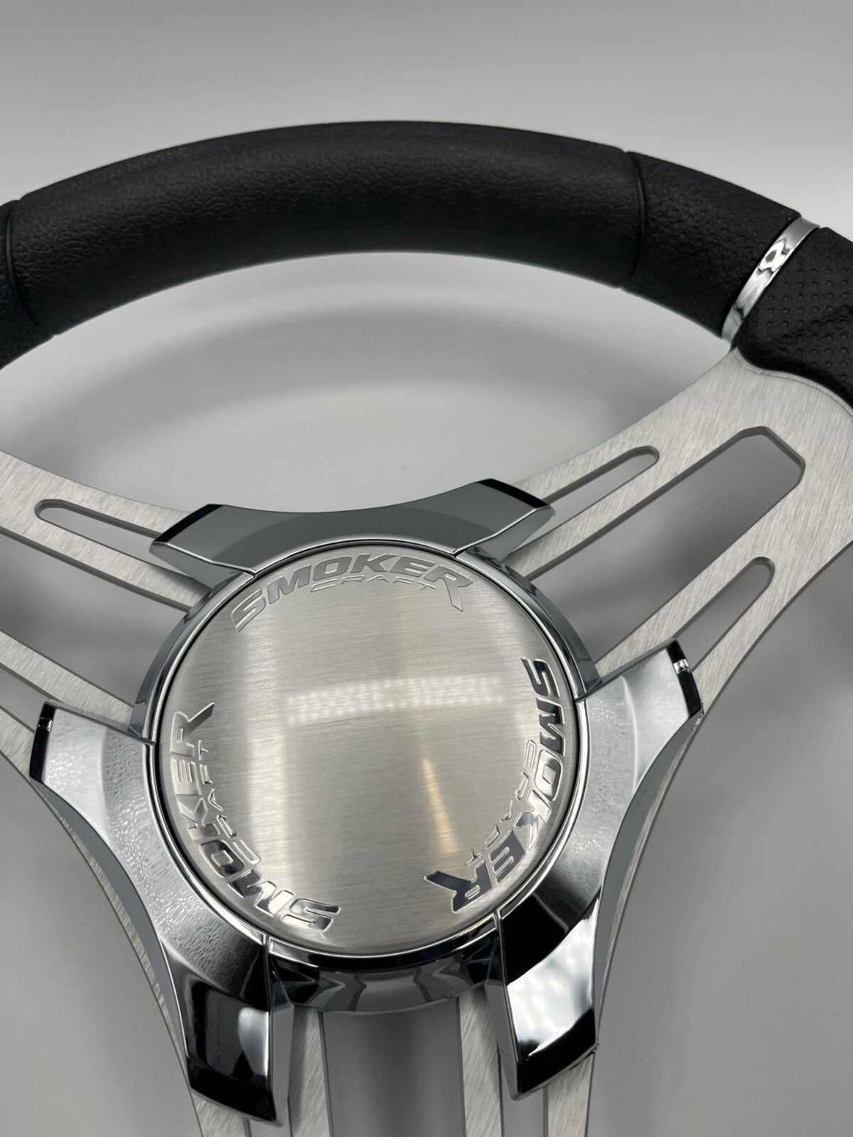 Verona Boat Steering Wheel Gray Brushed Aluminum Spokes | Smoker Logo