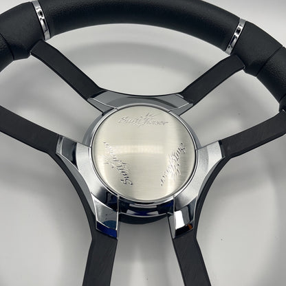 Malera Boat Steering Wheel Black Aluminum Spokes | Chrome-Style Sunchaser Logo