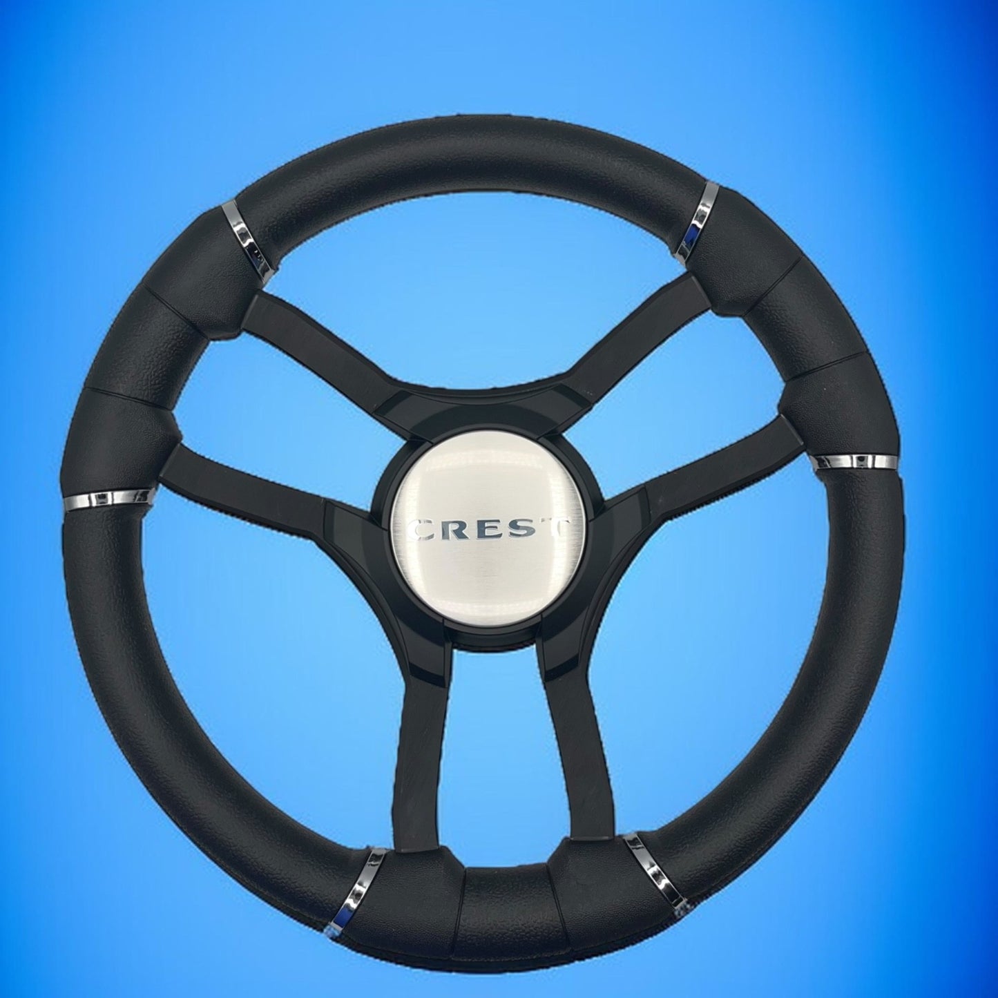 Malera Boat Steering Wheel Black Aluminum Spokes | Black Crest Boats Logo