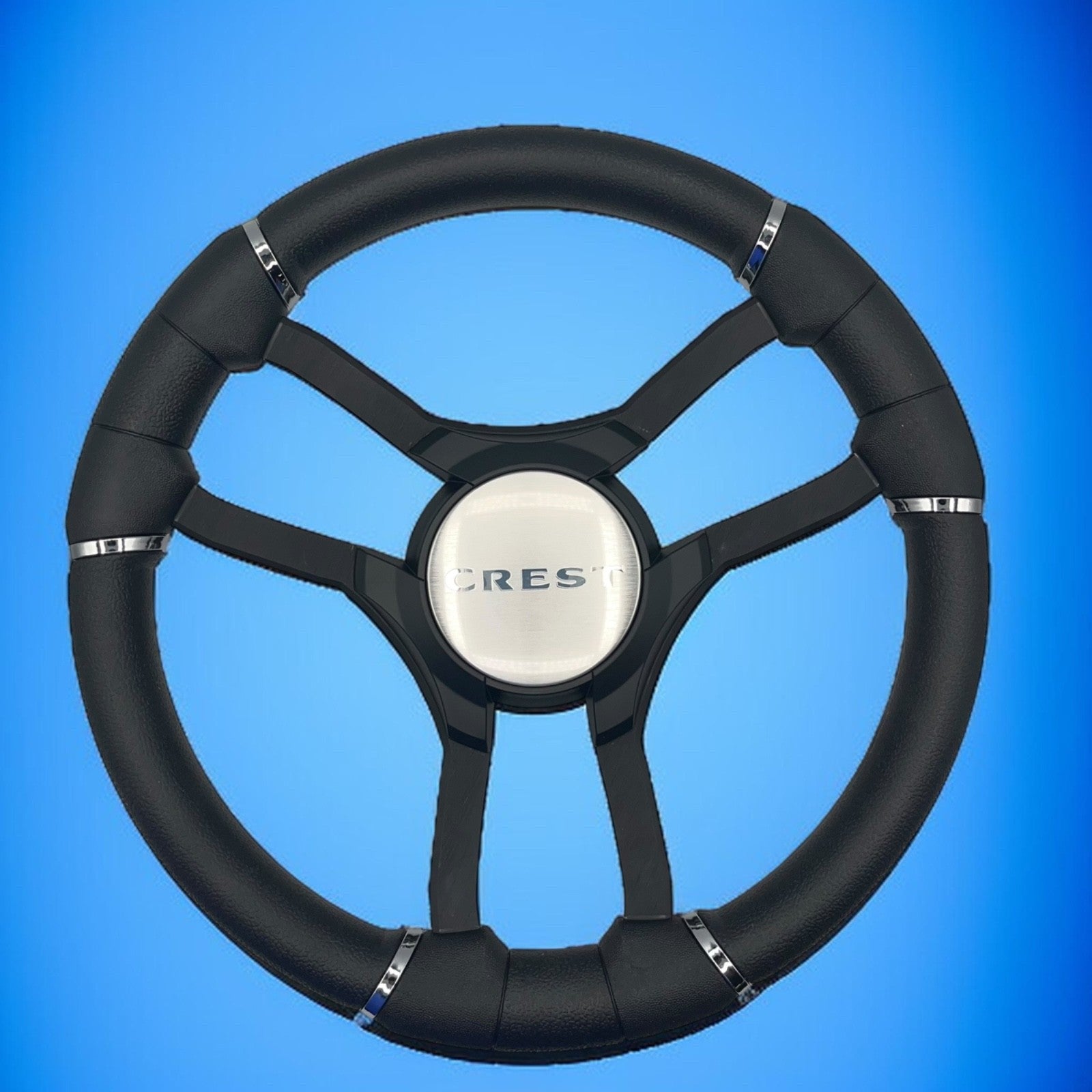 Malera Boat Steering Wheel Black Aluminum Spokes | Black Crest Boats Logo