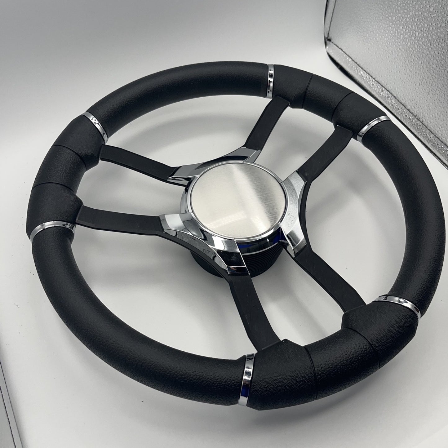 Malera Boat Steering Wheel Black Aluminum Spokes | Chrome Plain