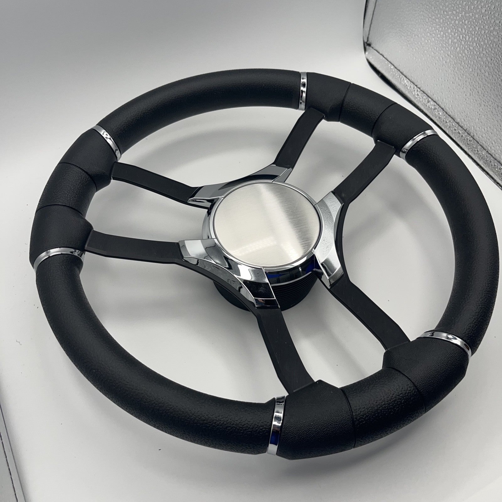 Malera Boat Steering Wheel Black Aluminum Spokes | Chrome Plain