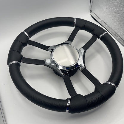 Malera Boat Steering Wheel Black Aluminum Spokes | Chrome Plain