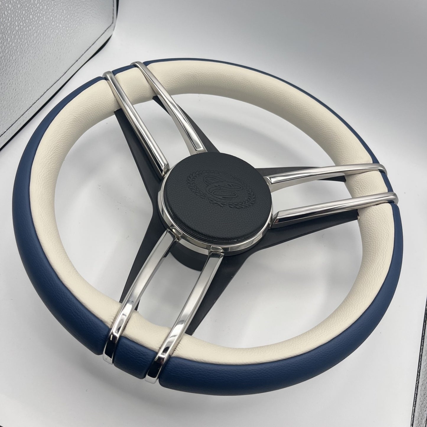 Cobalt Boat Steering Wheel Stainless Steel Spoke Blue Leather Rim | Cobalt Logo